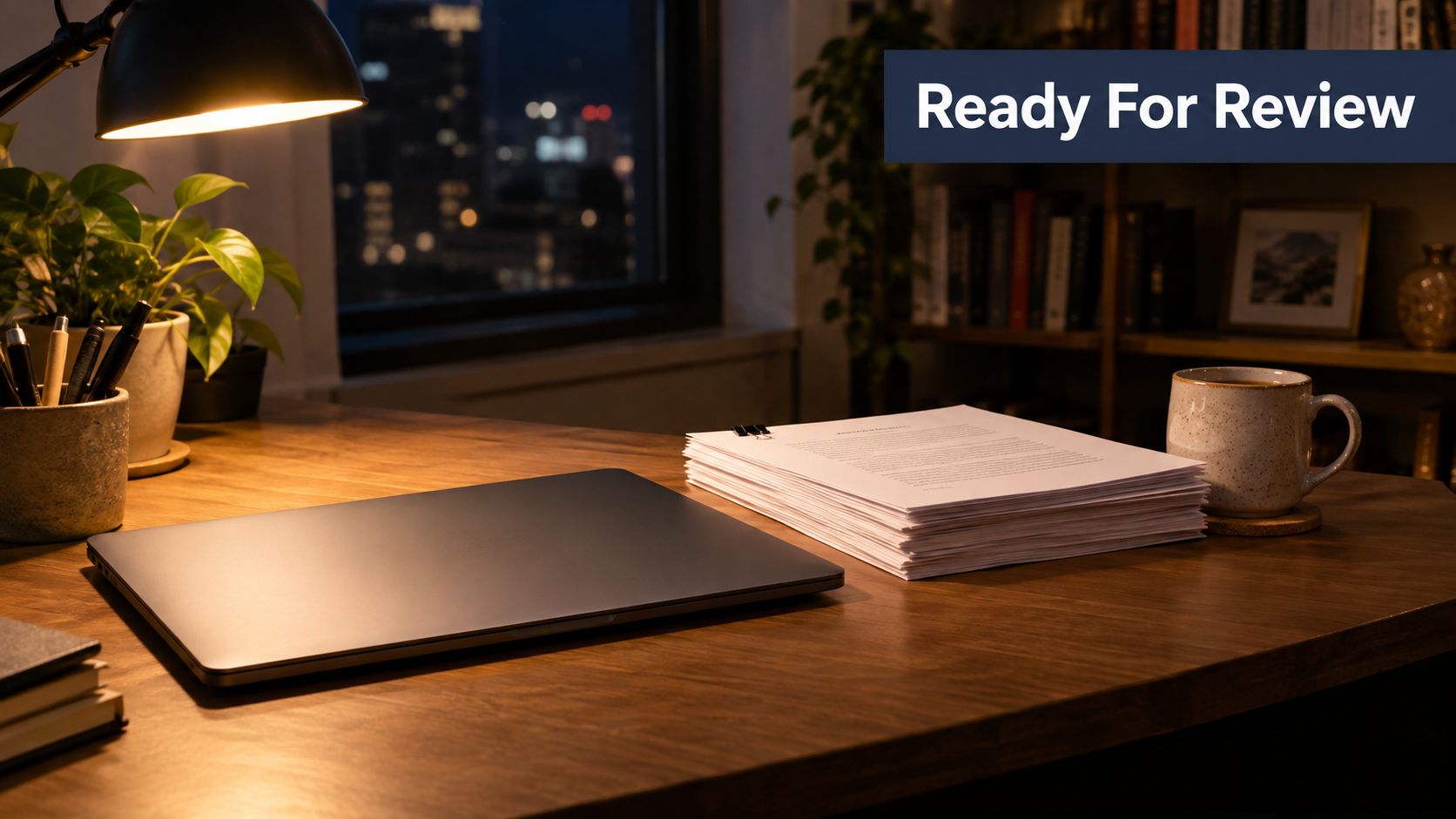 A professional desk workspace at night featuring a closed laptop, a stack of documents, and a coffee mug.