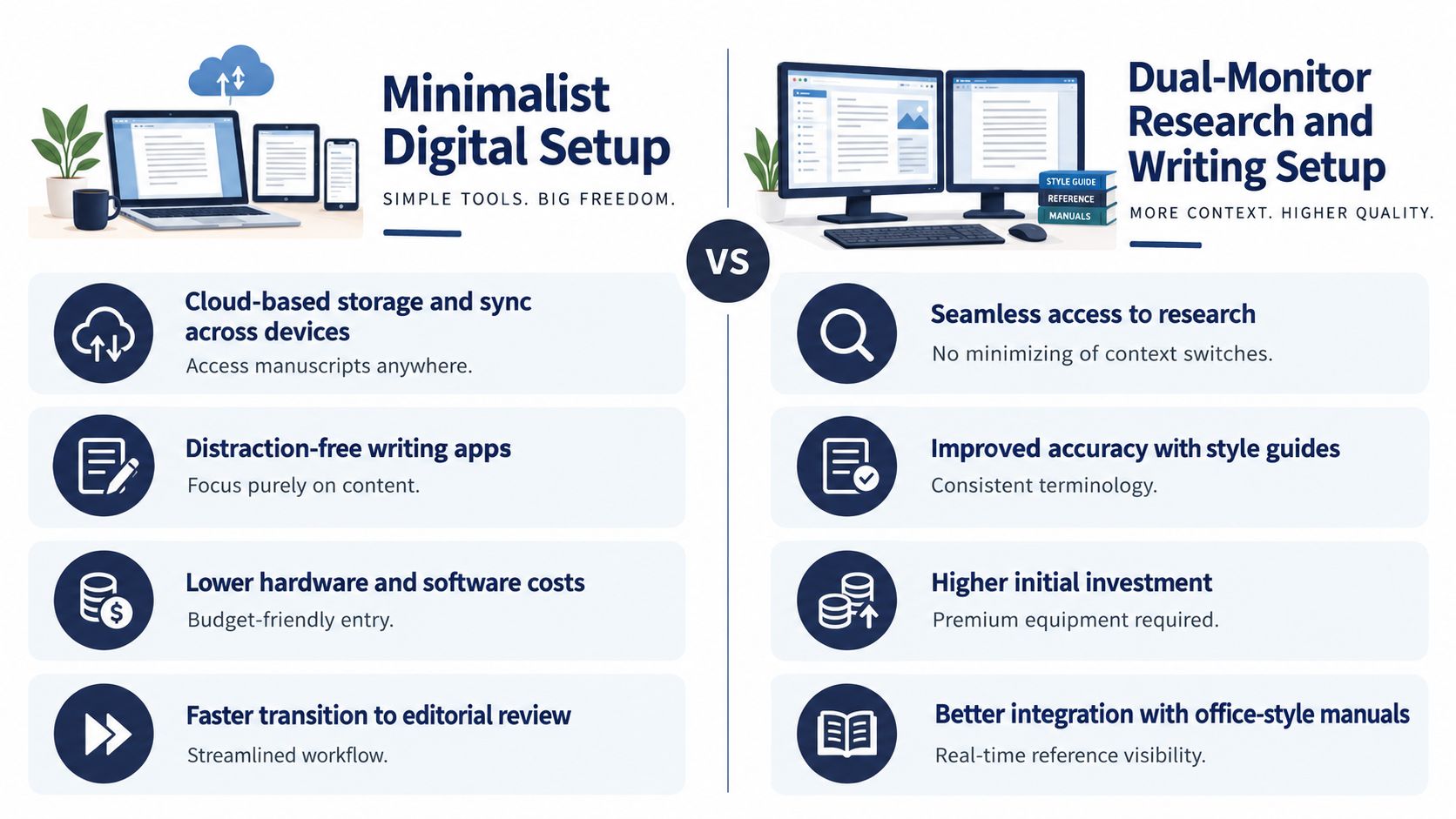 A comparison chart showing the pros and cons of a minimalist digital setup versus a dual-monitor writing setup.