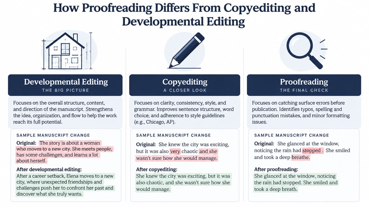 A diagram comparing developmental editing, copyediting, and proofreading, explaining their distinct roles in the manuscript publishing process.