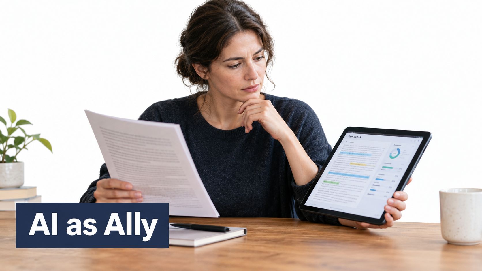 A professional woman examining a document alongside a tablet displaying text analysis data at a desk.