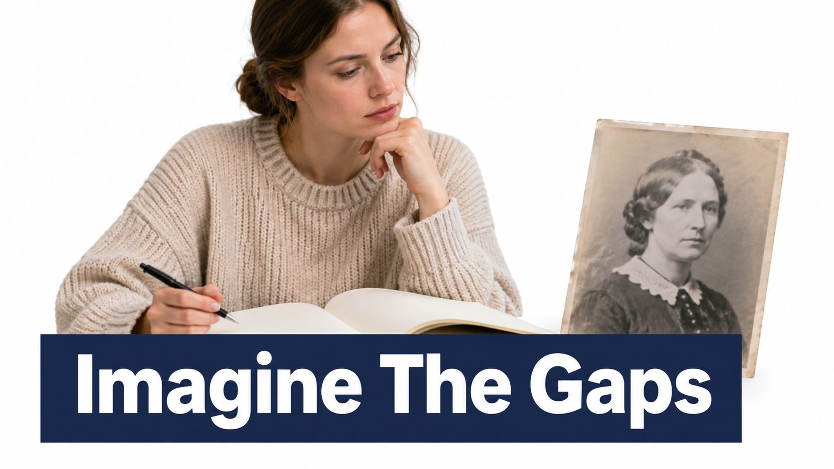 A woman writing in a journal while looking at an old vintage photograph of a woman.