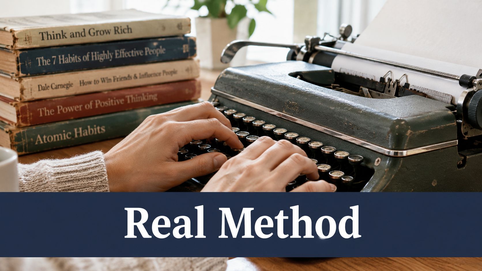 A person writing on a vintage typewriter with a stack of self-help books next to it.