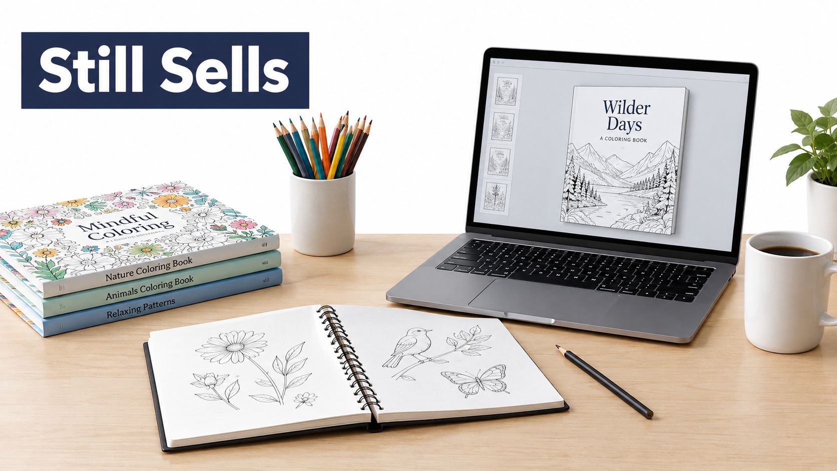 A workspace featuring coloring books, a laptop displaying a coloring book cover, and art supplies on wood.