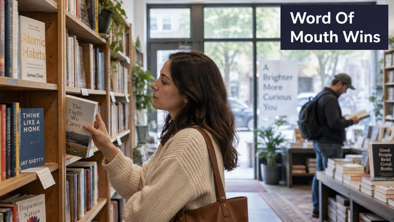 A young woman browsing a bookstore shelf while a man reads in the background.