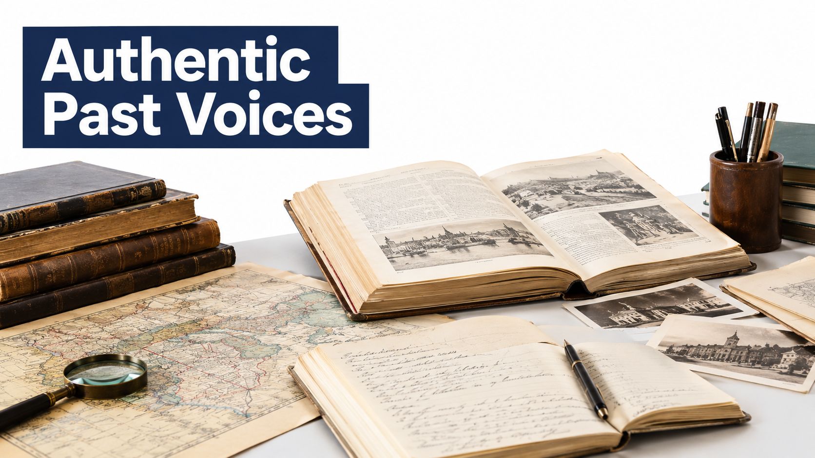 An open antique book, a handwritten journal, vintage maps, and pens on a wooden desk.