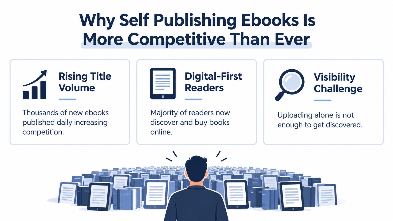An infographic illustrating why self-publishing ebooks is becoming more competitive due to volume, readers, and visibility.