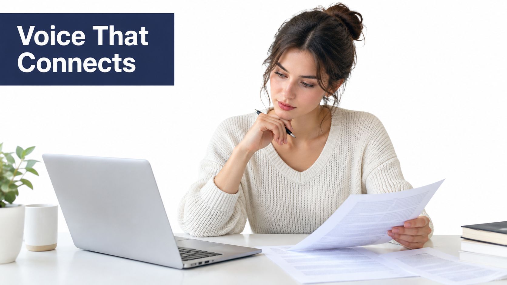 A young woman sitting at a desk with a laptop and documents, appearing focused and thoughtful.