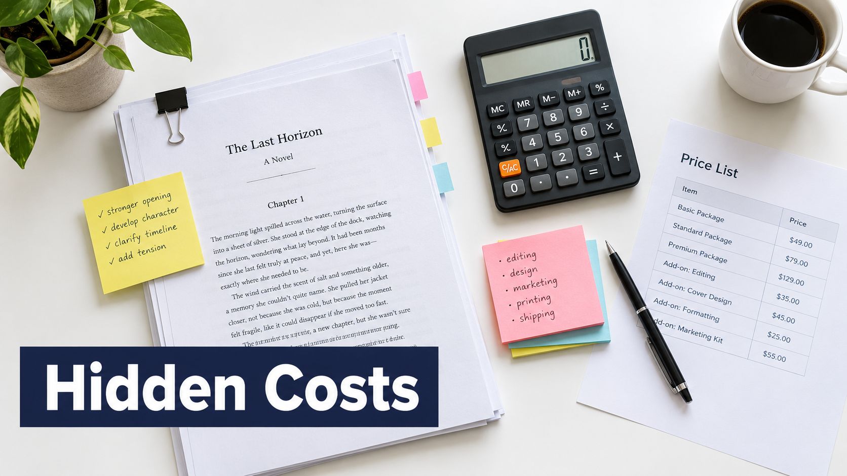 A workspace with a book manuscript, a price list for editing services, and a calculator on a desk.