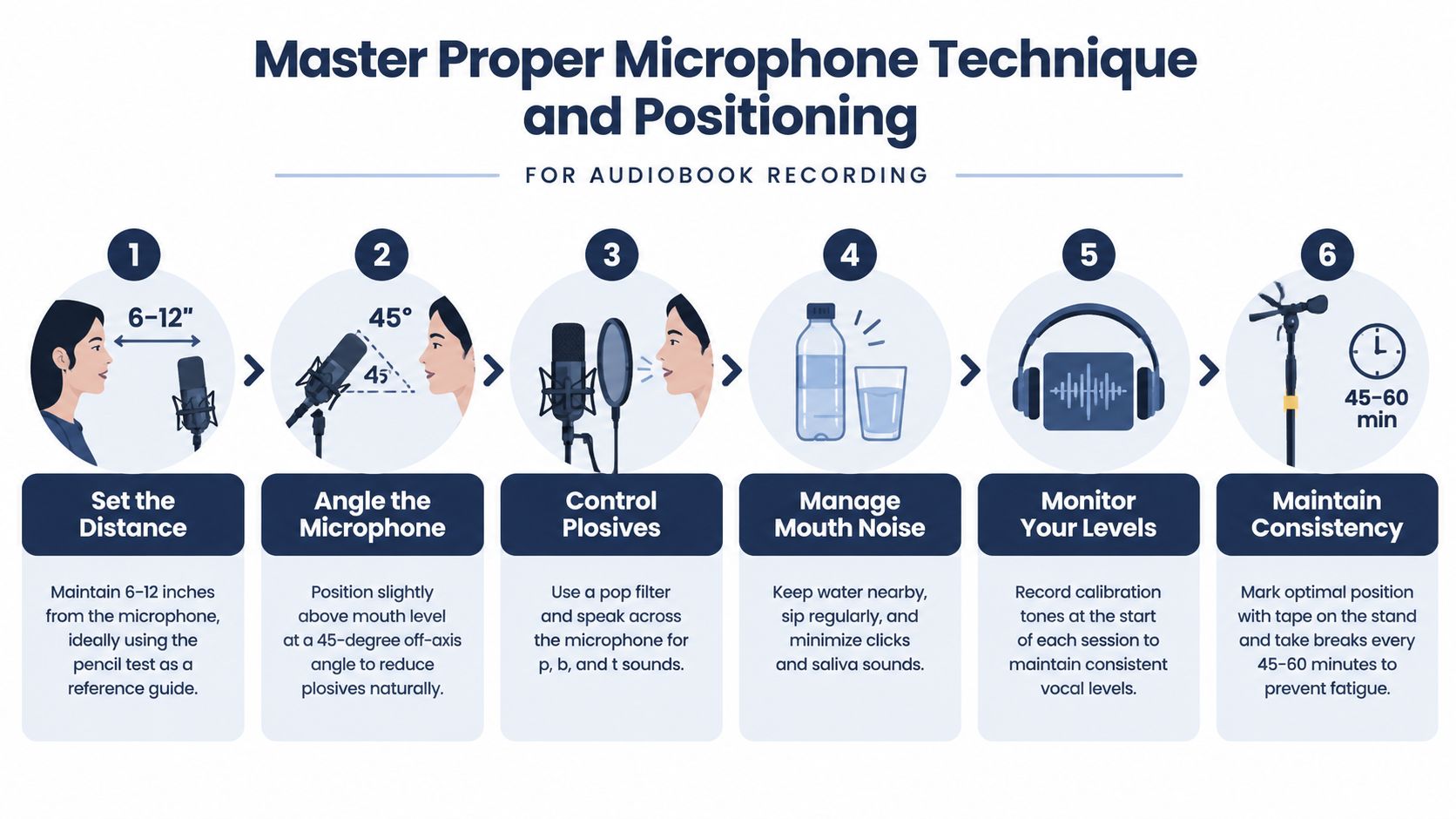 An infographic showing six essential steps for proper microphone technique and positioning when recording audiobooks.