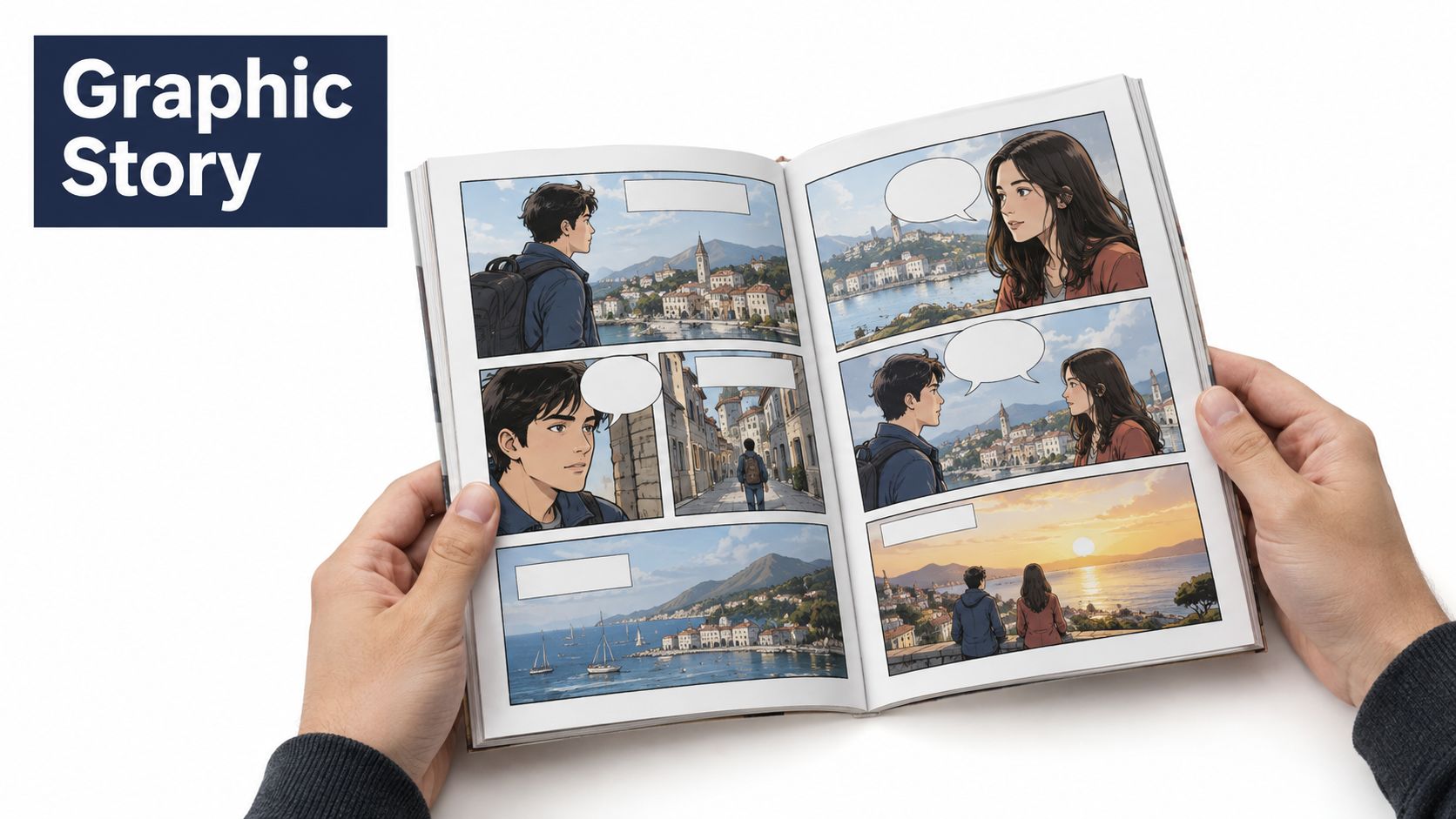 Hands holding an open graphic story book featuring panels of a couple visiting a scenic coastal town.