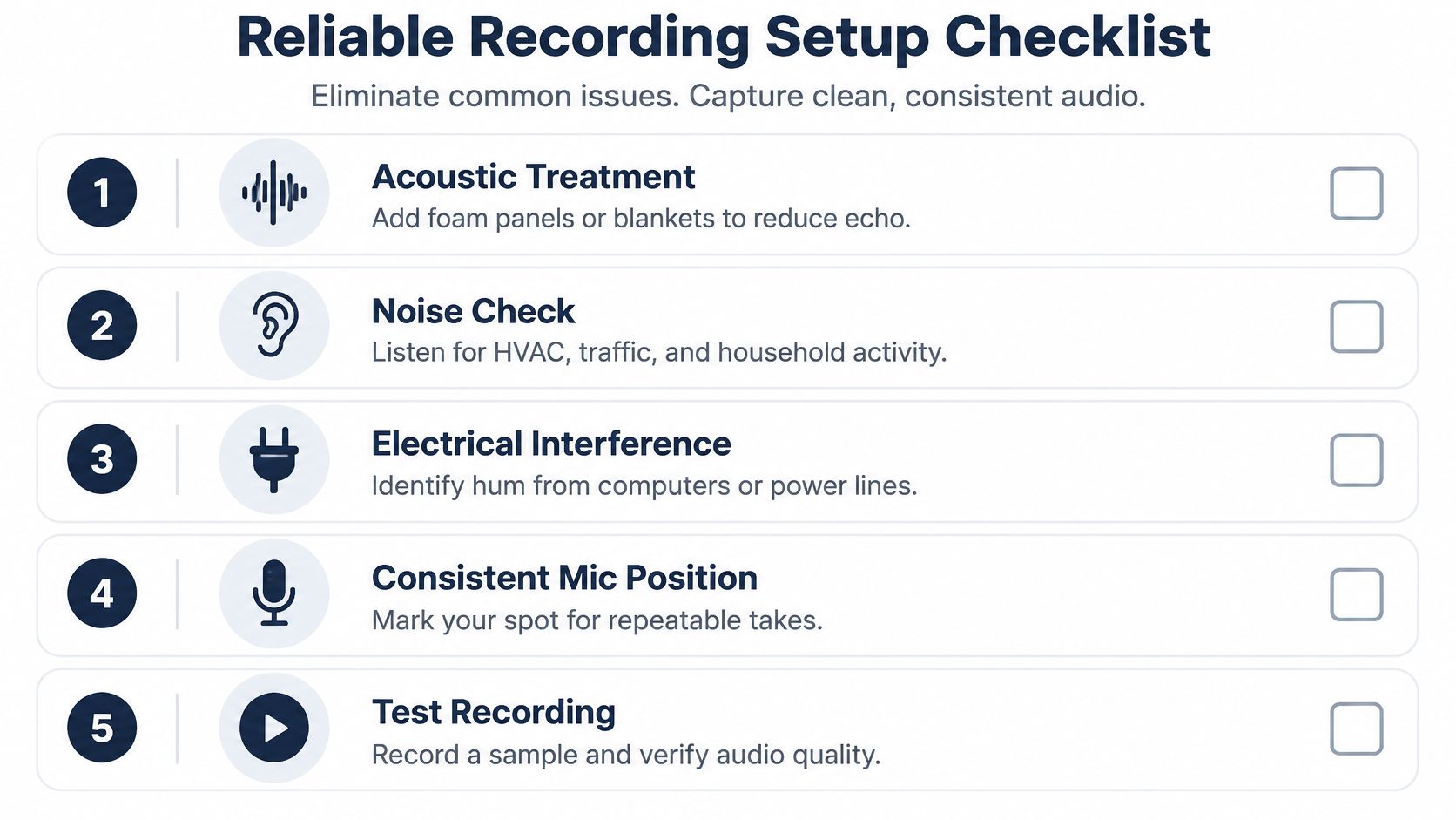 A checklist graphic titled Reliable Recording Setup Checklist with five essential steps for professional audio recording preparation.