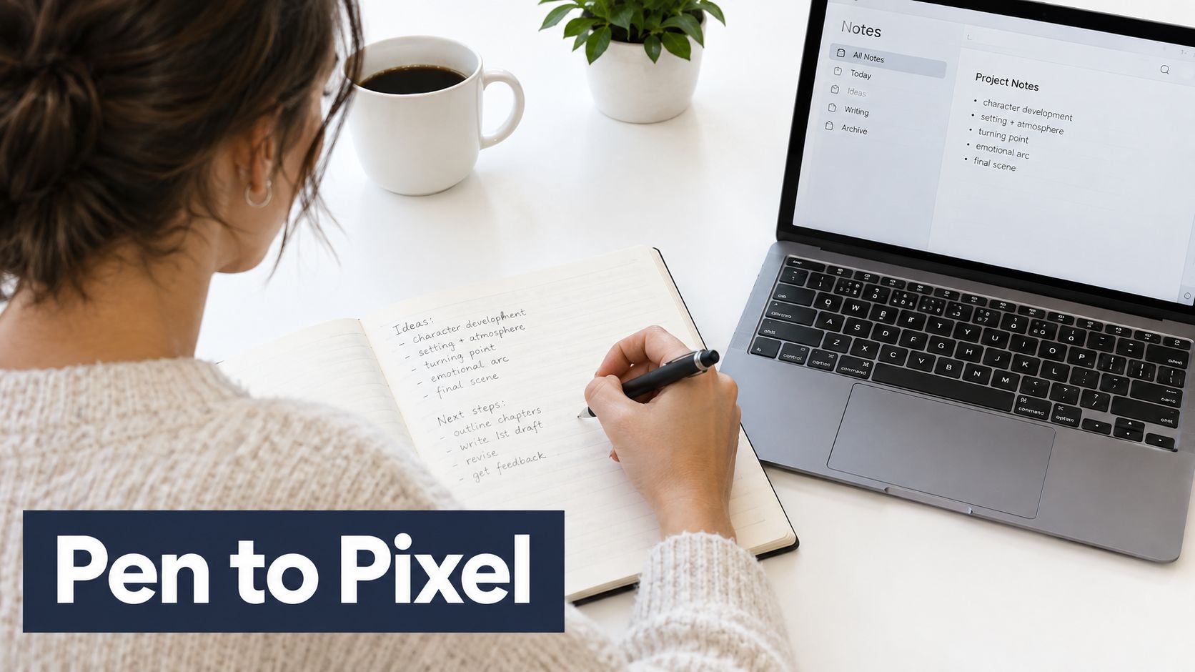 A woman writing notes in a physical notebook while working on a laptop at her desk.
