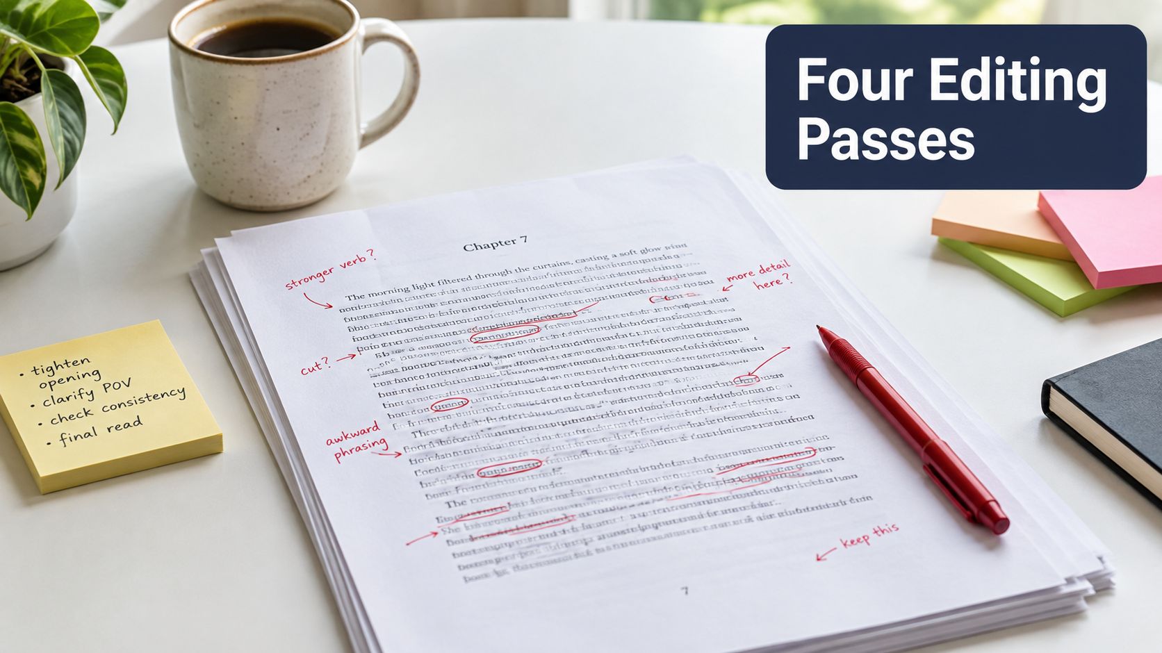 A printed manuscript with red ink editing marks sits on a white desk next to a pen.