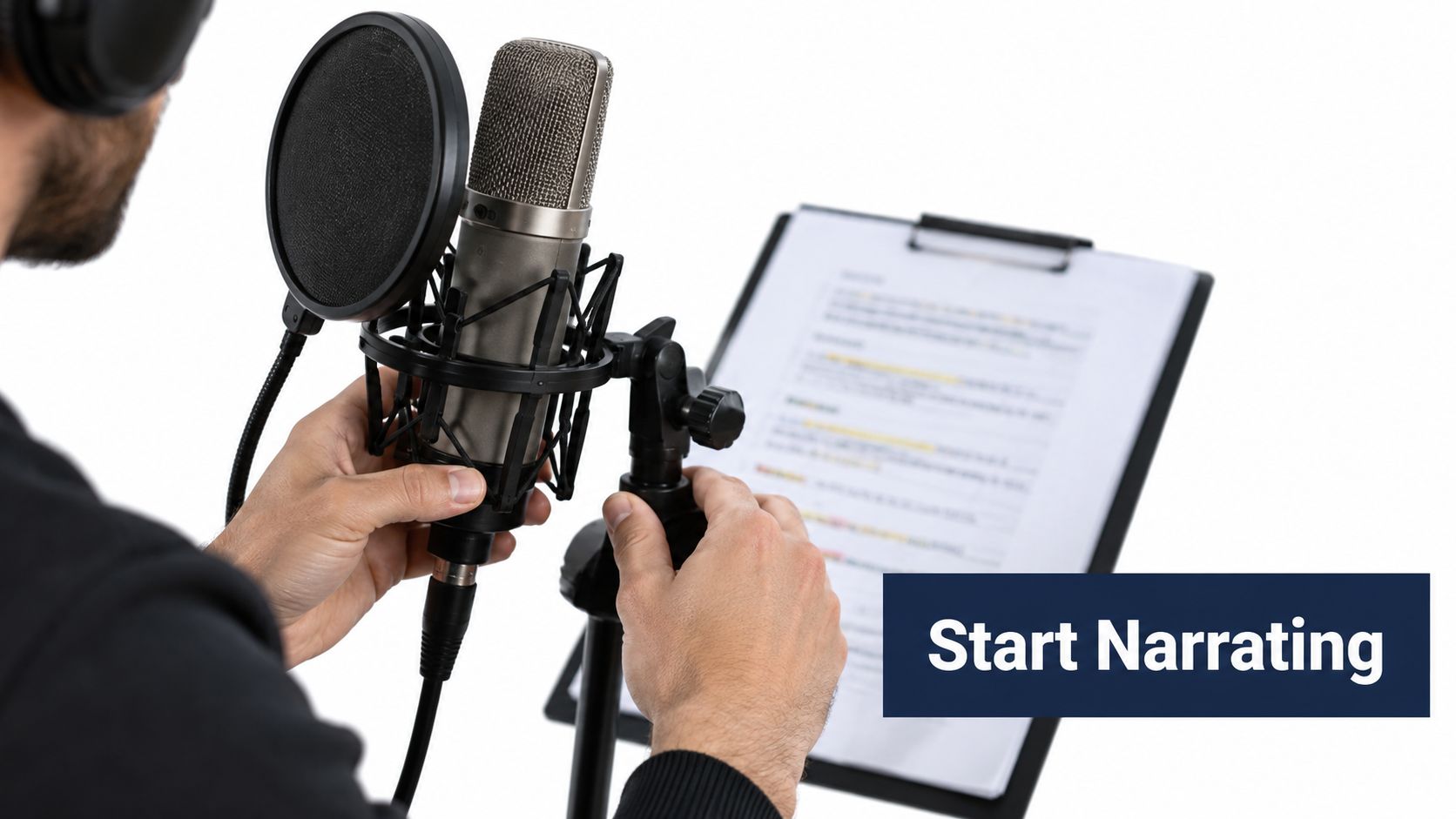 A male narrator adjusting a professional studio microphone while reading a script from a clipboard nearby.
