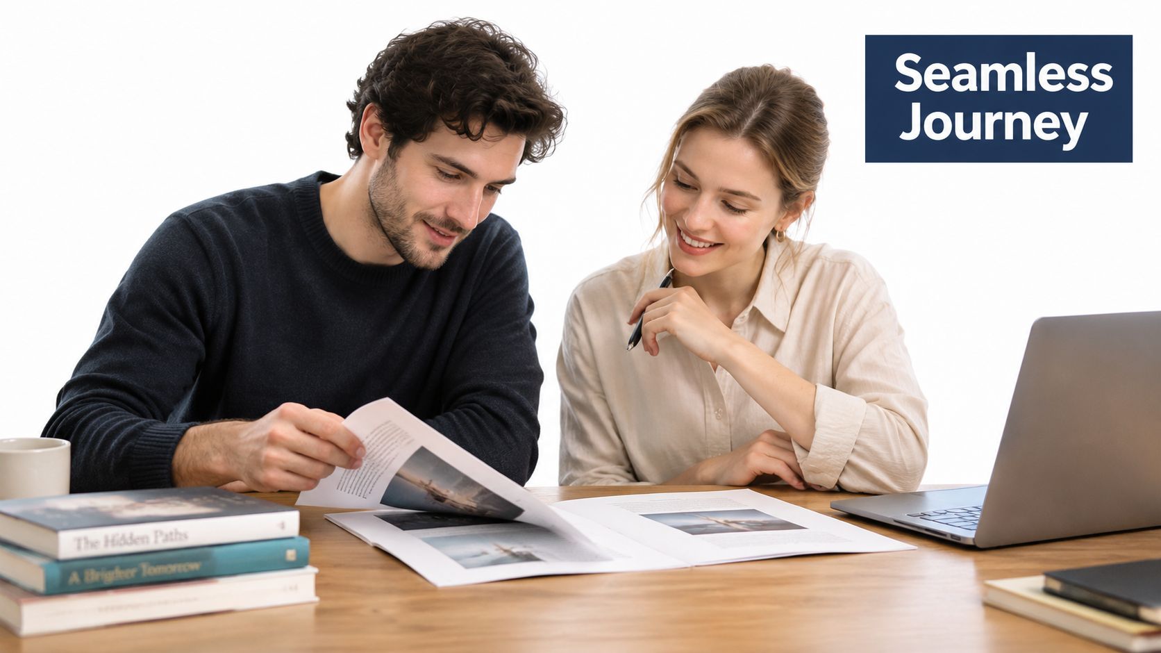A smiling young man and woman reviewing a book together at a desk with a laptop.