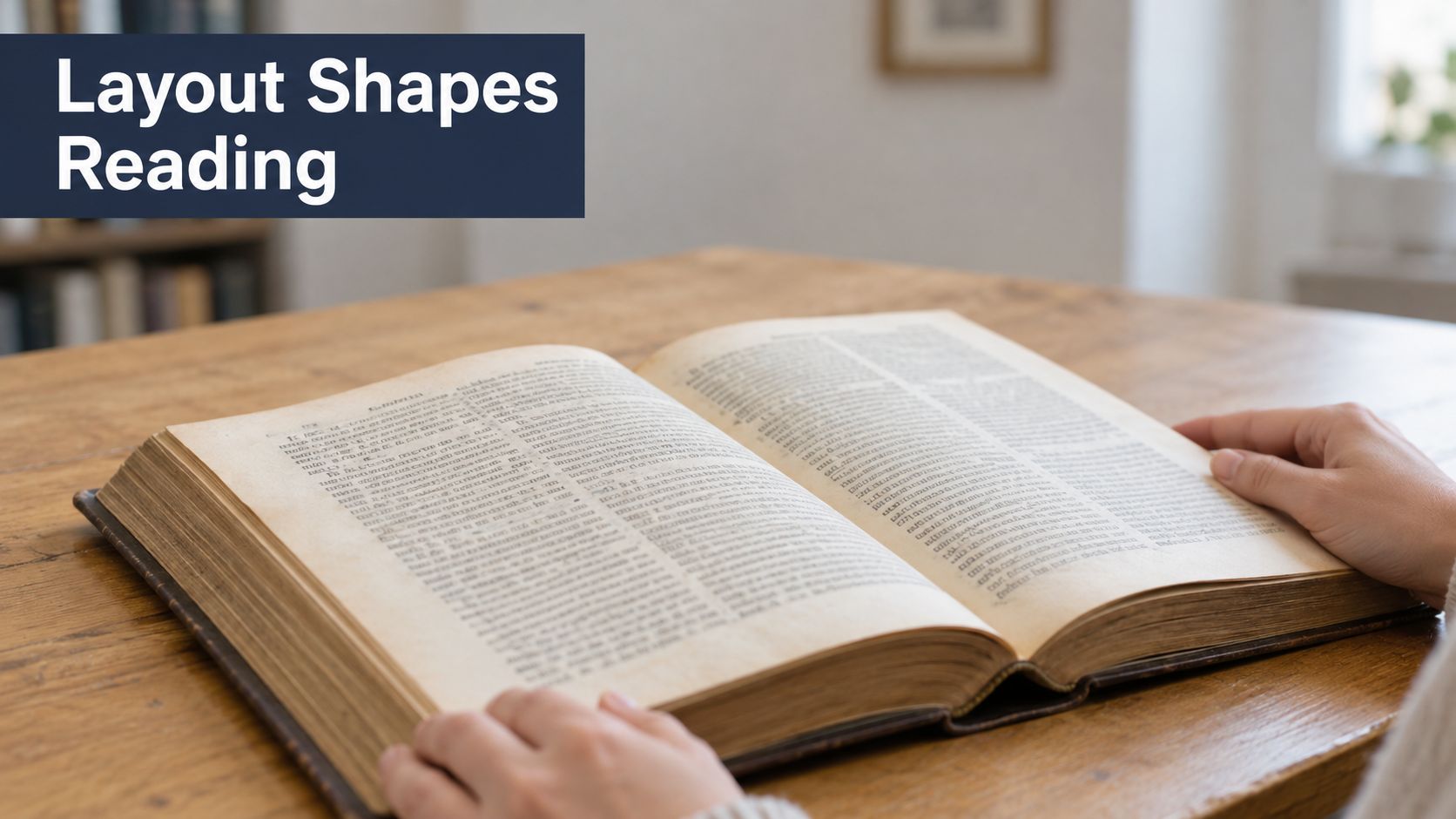 An open antique book on a wooden table with hands gently holding the pages for reading.