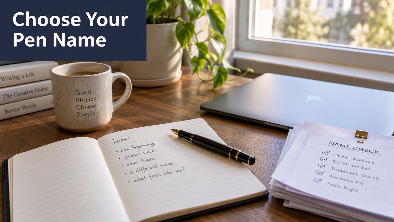 A cozy desk workspace showing a notebook with brainstorming ideas, a pen, and a name check checklist.