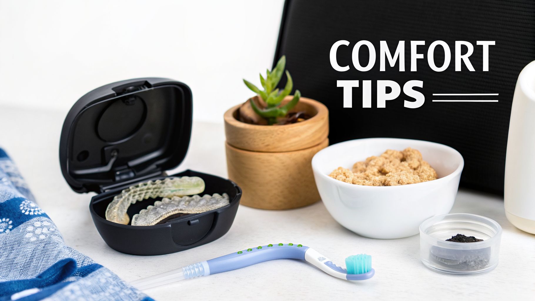 Comfort tips for aligner users, showing aligners, toothbrush, and oral care products.