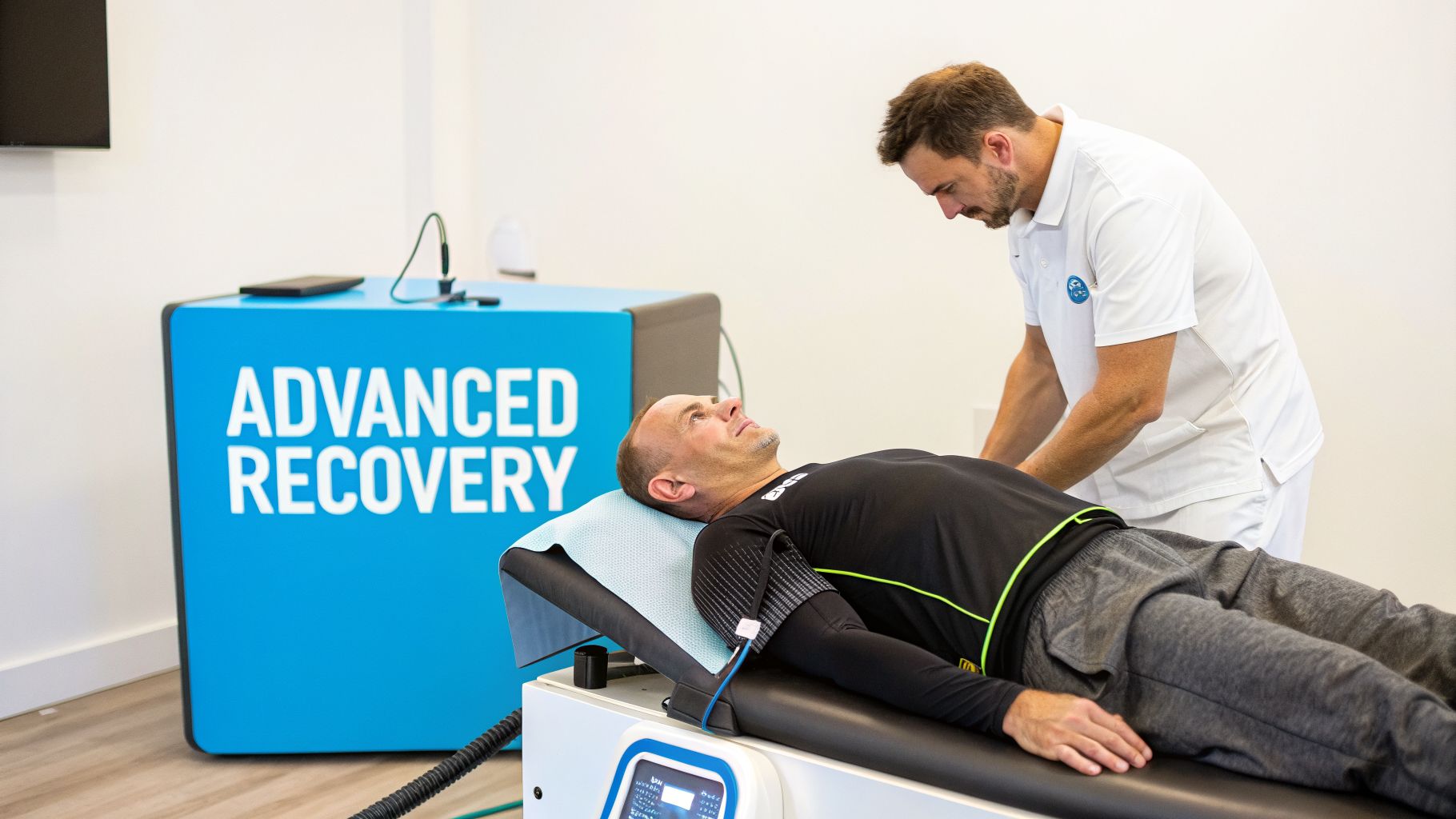A male patient lies on a treatment bed as a male therapist assists with advanced recovery.