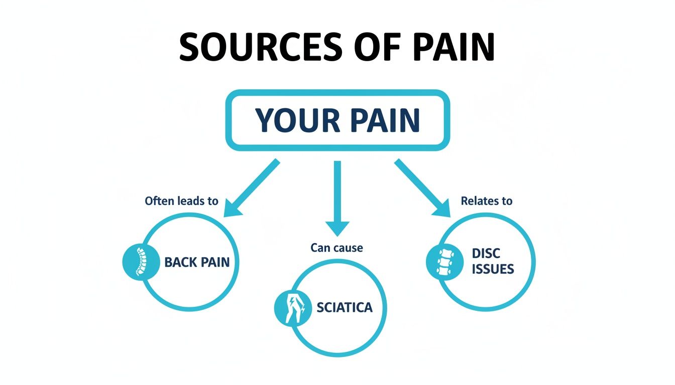 Flowchart illustrating 'Your Pain' can lead to back pain, sciatica, or relate to disc issues.