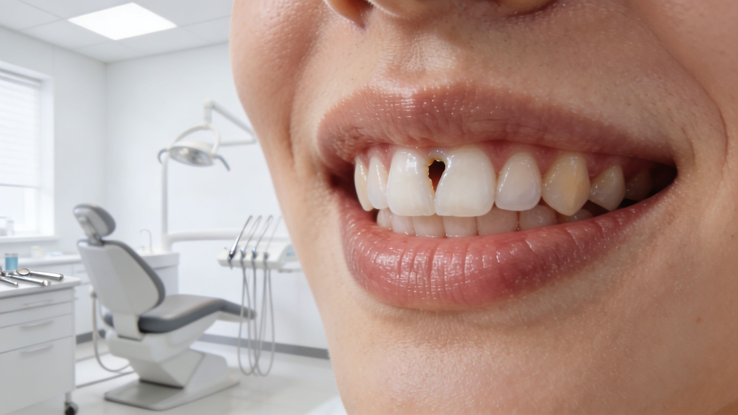 A close-up of a person's smile highlighting a prominent gap between the two front teeth.