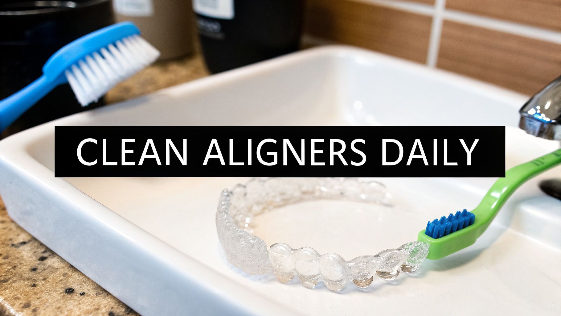 Clear dental aligners and toothbrushes in a white sink with a banner stating 'CLEAN ALIGNERS DAILY'.