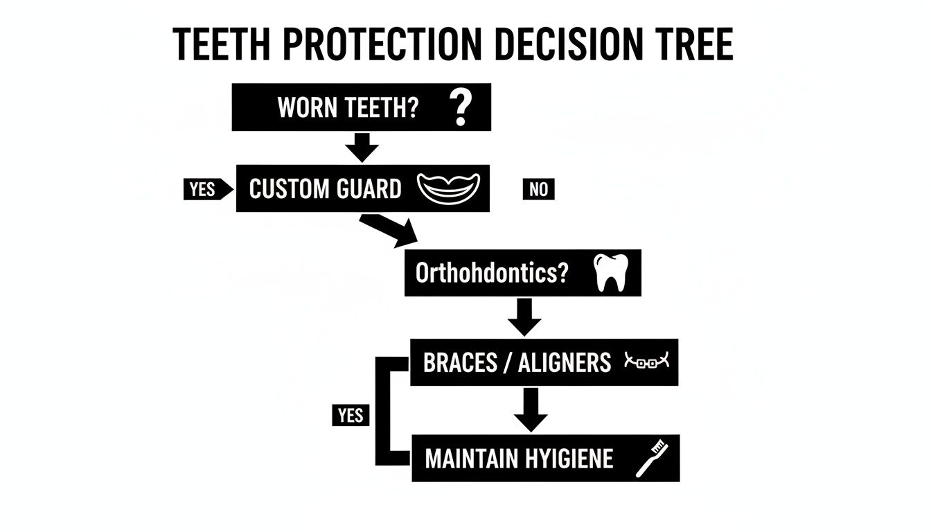 A black and white decision tree flowchart showing steps for teeth protection, from worn teeth to hygiene.