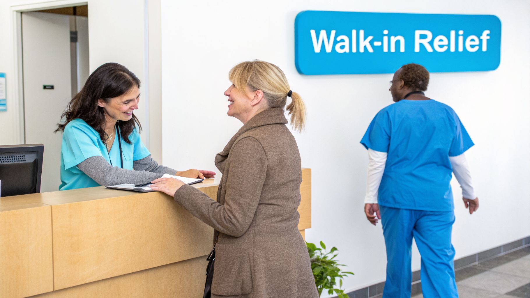 Smiling medical staff assists a patient at a walk-in relief clinic counter.