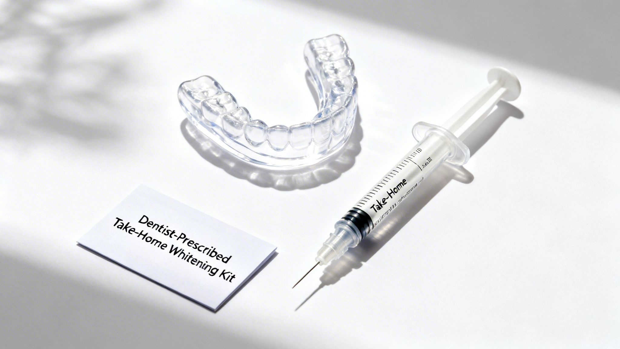 A dentist-prescribed take-home teeth whitening kit featuring a clear aligner tray and a gel syringe.