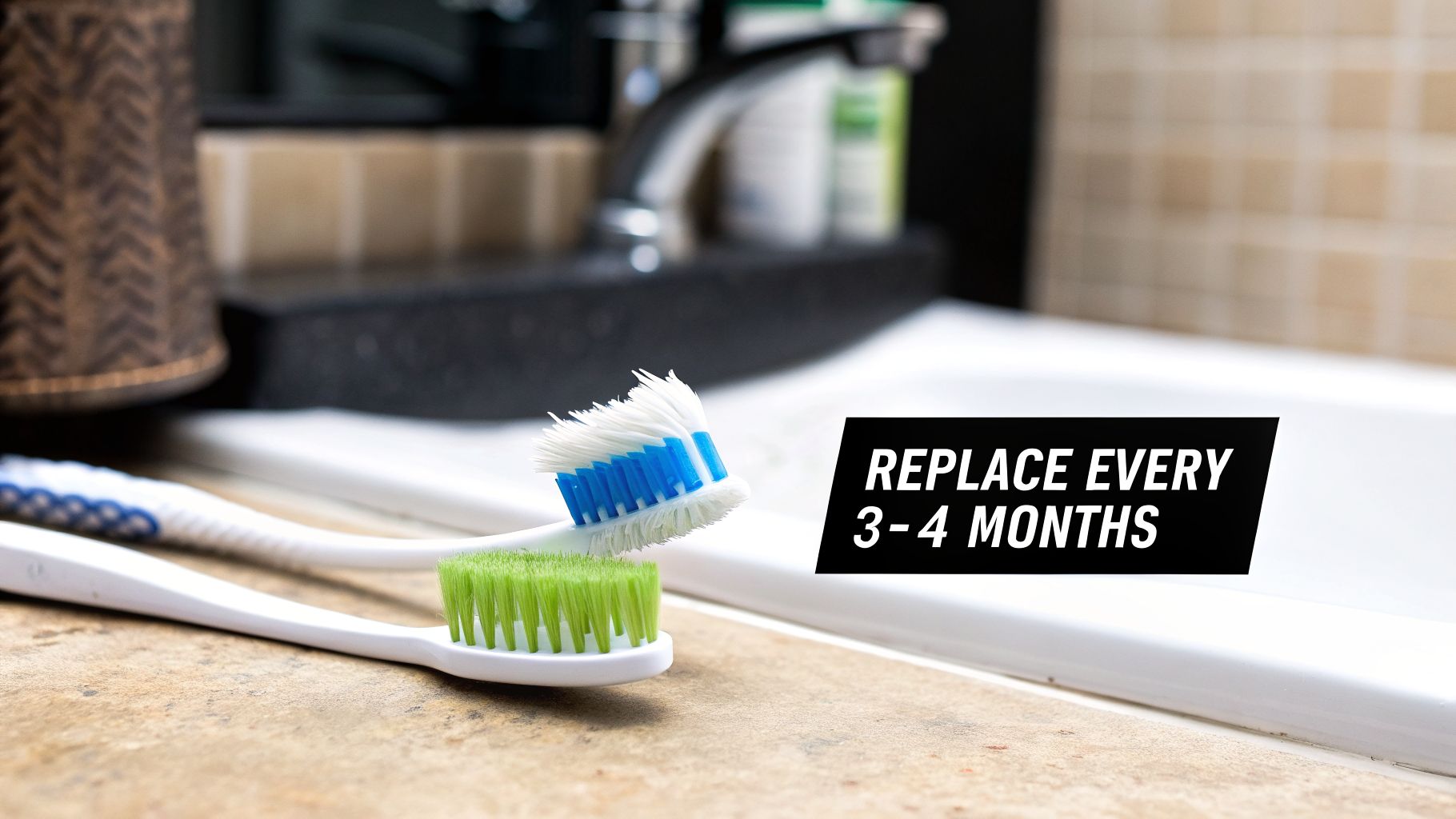 Two toothbrushes, one new green and one old frayed blue, with a reminder to replace every 3-4 months.