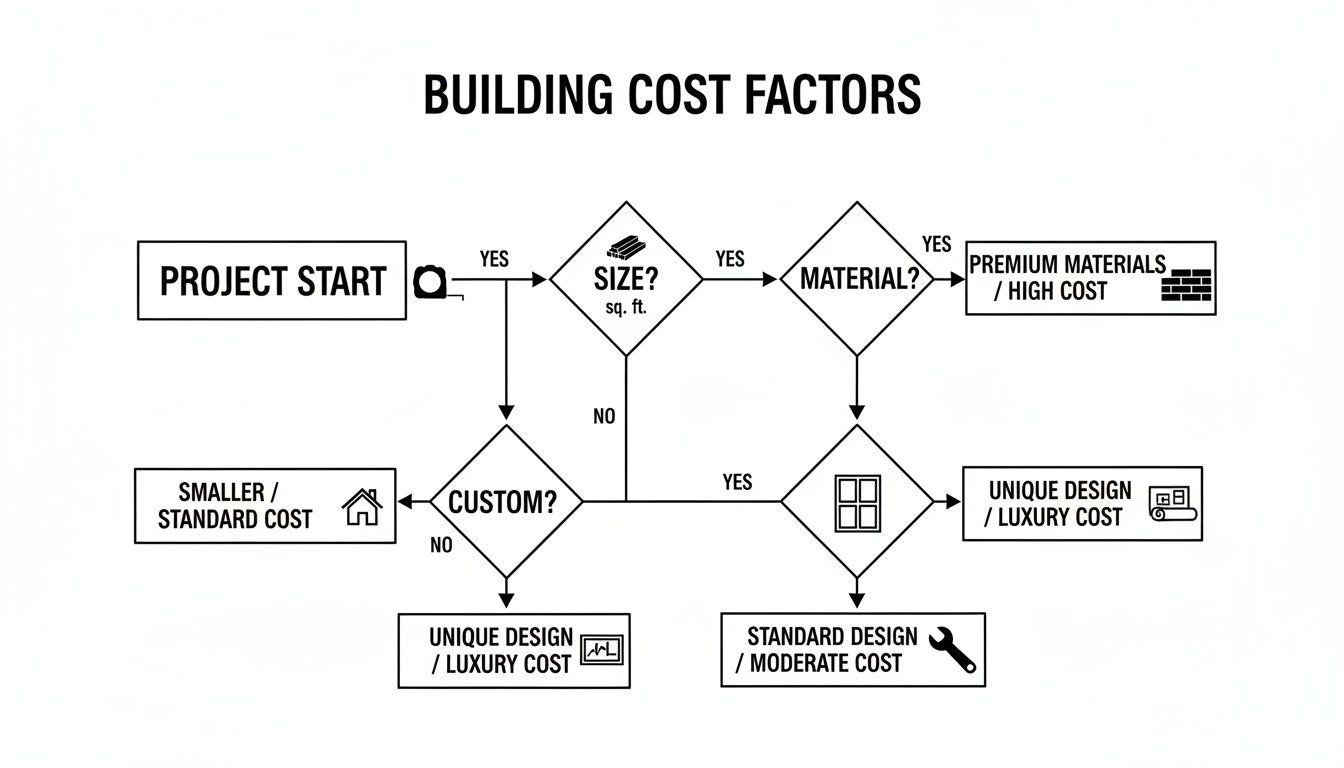 Flowchart detailing building cost factors, showing how decisions on size, materials, and customization affect project cost.