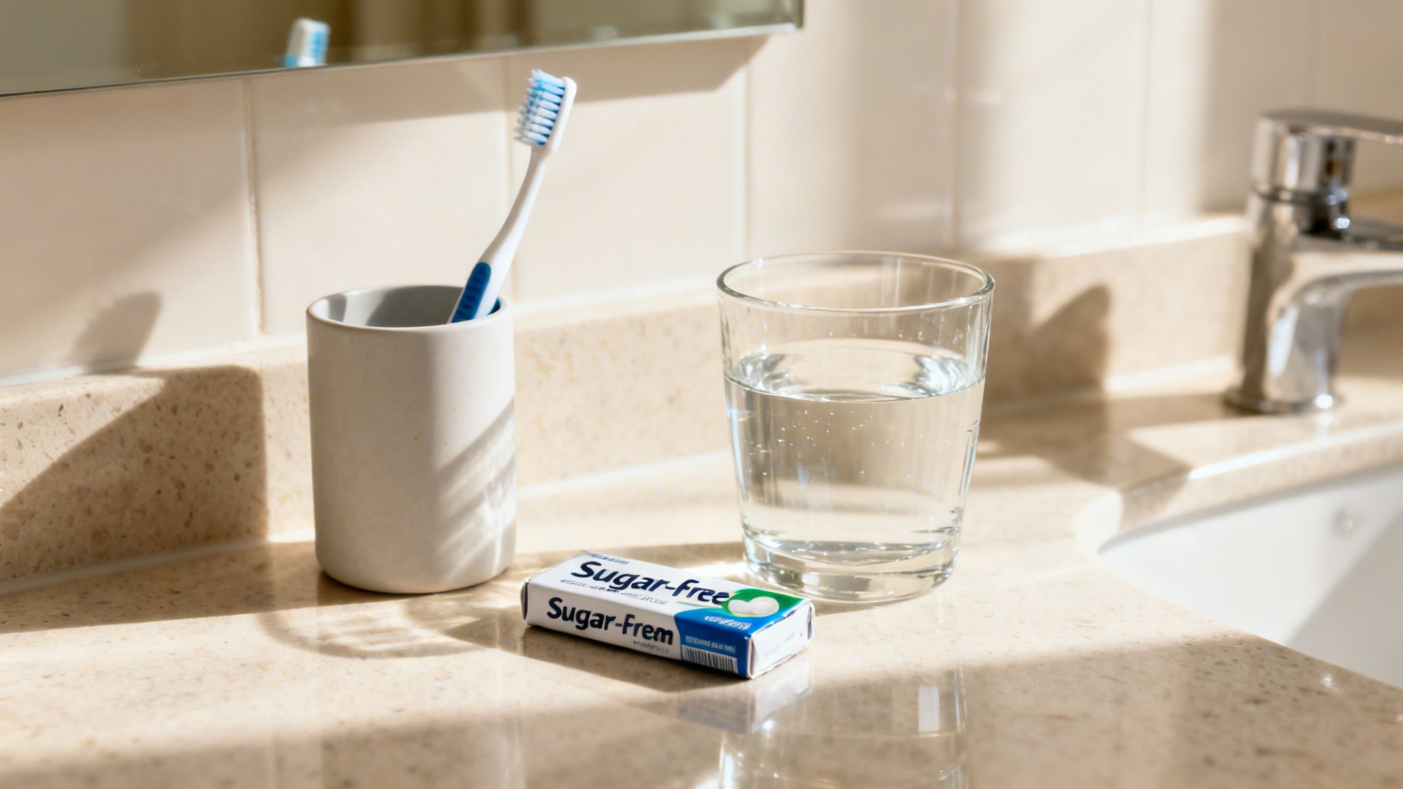 A toothbrush, a glass of water, and sugar-free gum on a bright bathroom counter.