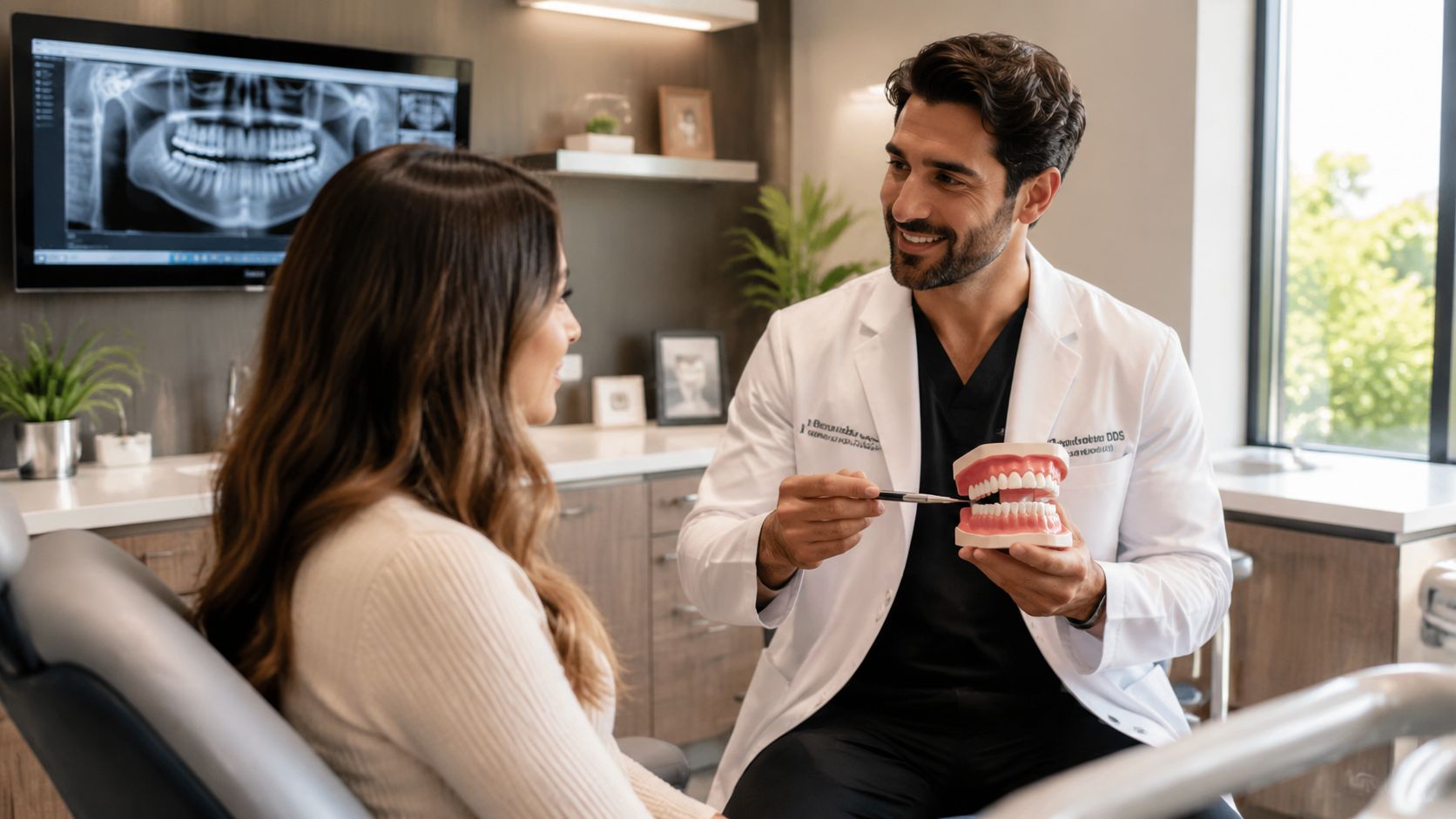 A friendly dentist explaining dental procedures using a model of teeth to a patient in an office.