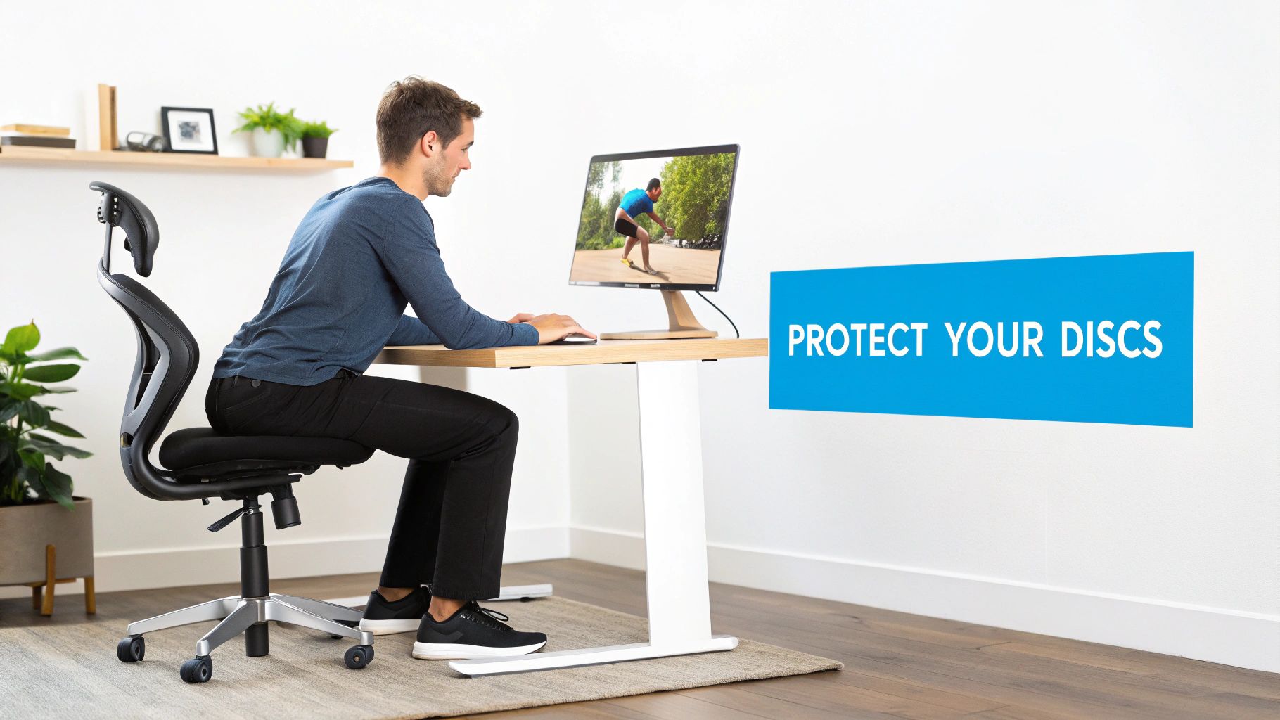 A man sits at an ergonomic desk with a computer and chair, promoting 'PROTECT YOUR DISCS'.