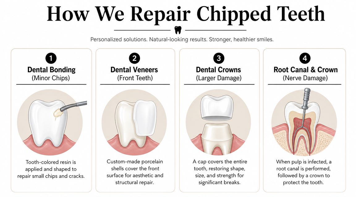 A dental infographic detailing four methods for fixing chipped teeth, including bonding, veneers, crowns, and root canals.
