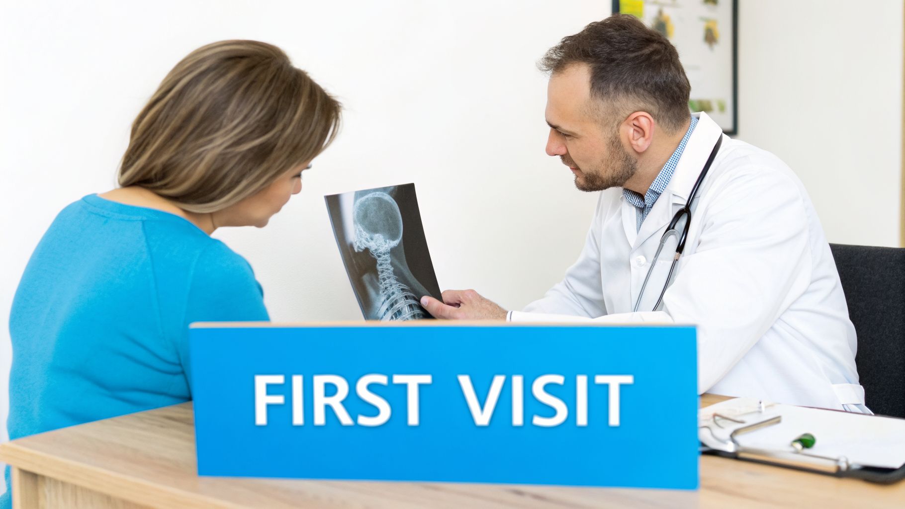 A male doctor in a white coat explains a spine X-ray to a female patient during a first visit.