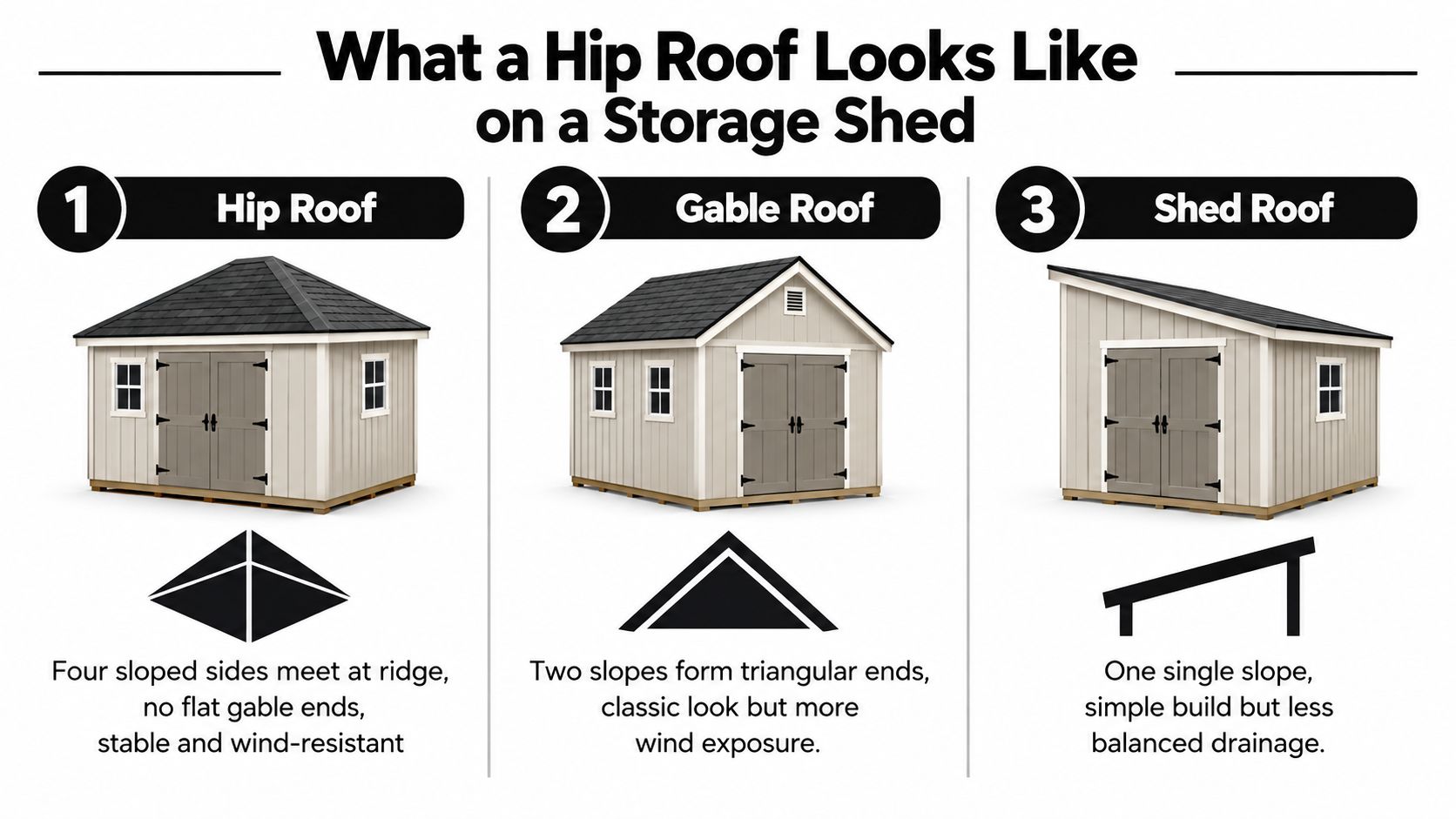 Hip Roof Storage Sheds: Design, Loads, and Foundations 1 A diagram comparing hip roof, gable roof, and shed roof designs for storage shed construction.