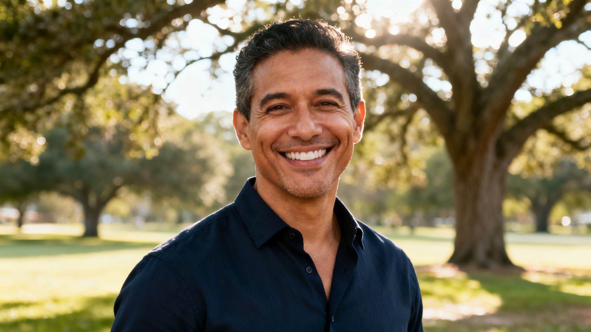 A smiling middle-aged man with healthy teeth standing in a sunny outdoor park setting.