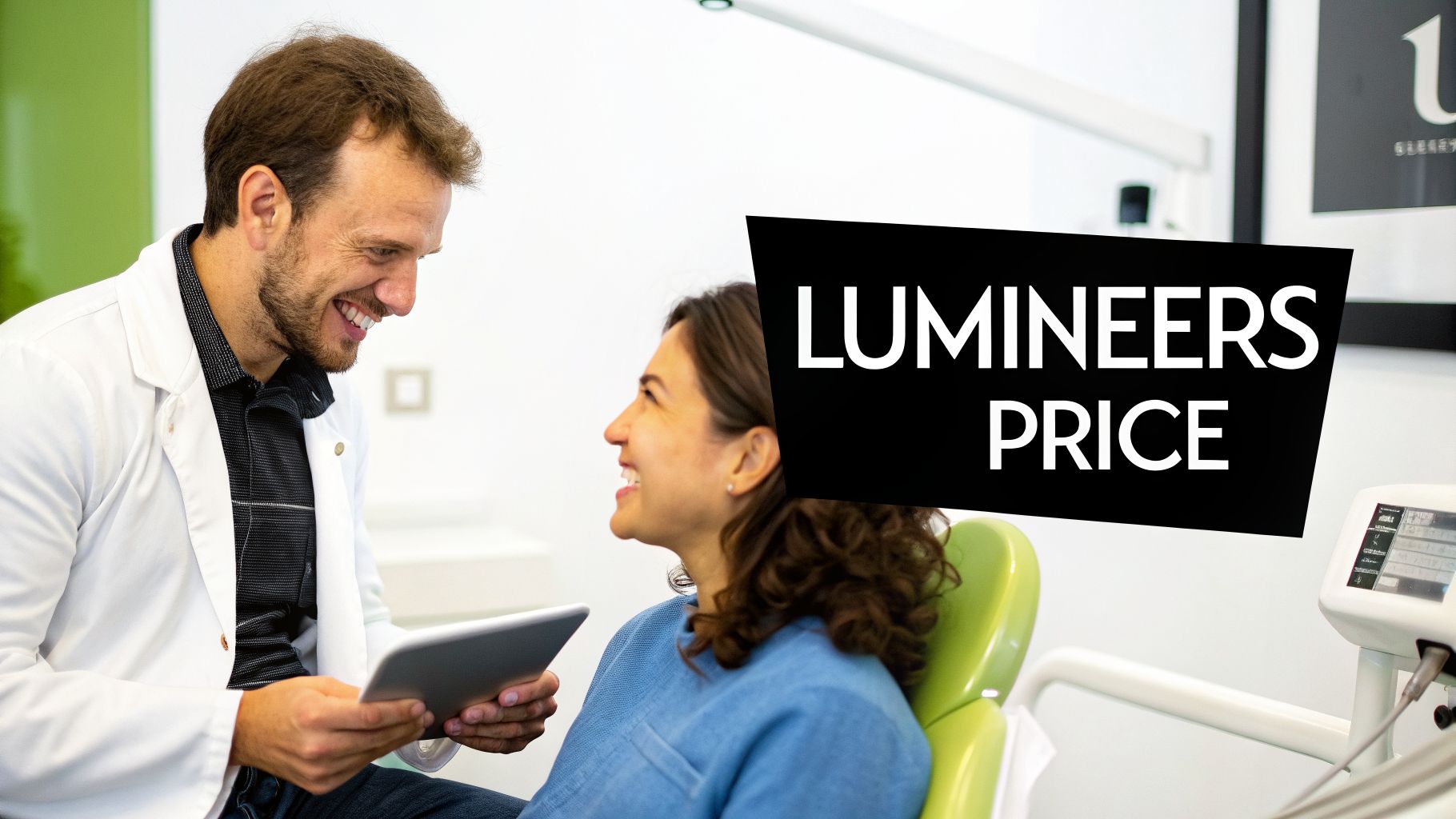 A smiling dentist holding a tablet talks to a happy patient in a dental office, highlighting Lumineers pricing.