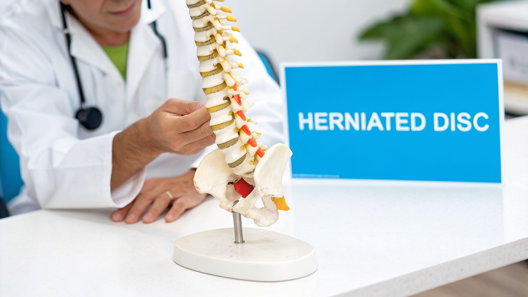 Doctor in white coat explaining a human spine model with a highlighted herniated disc.