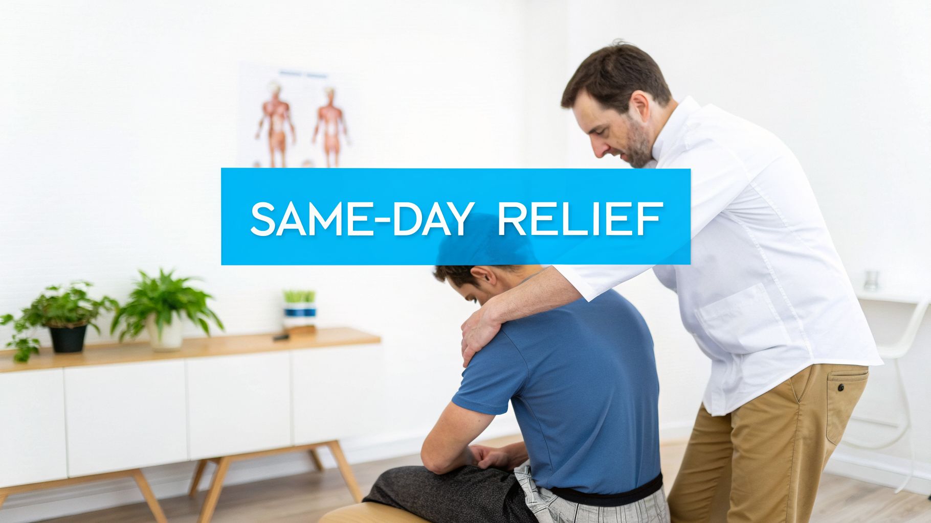 A male chiropractor provides same-day relief to a male patient in a bright clinic setting.