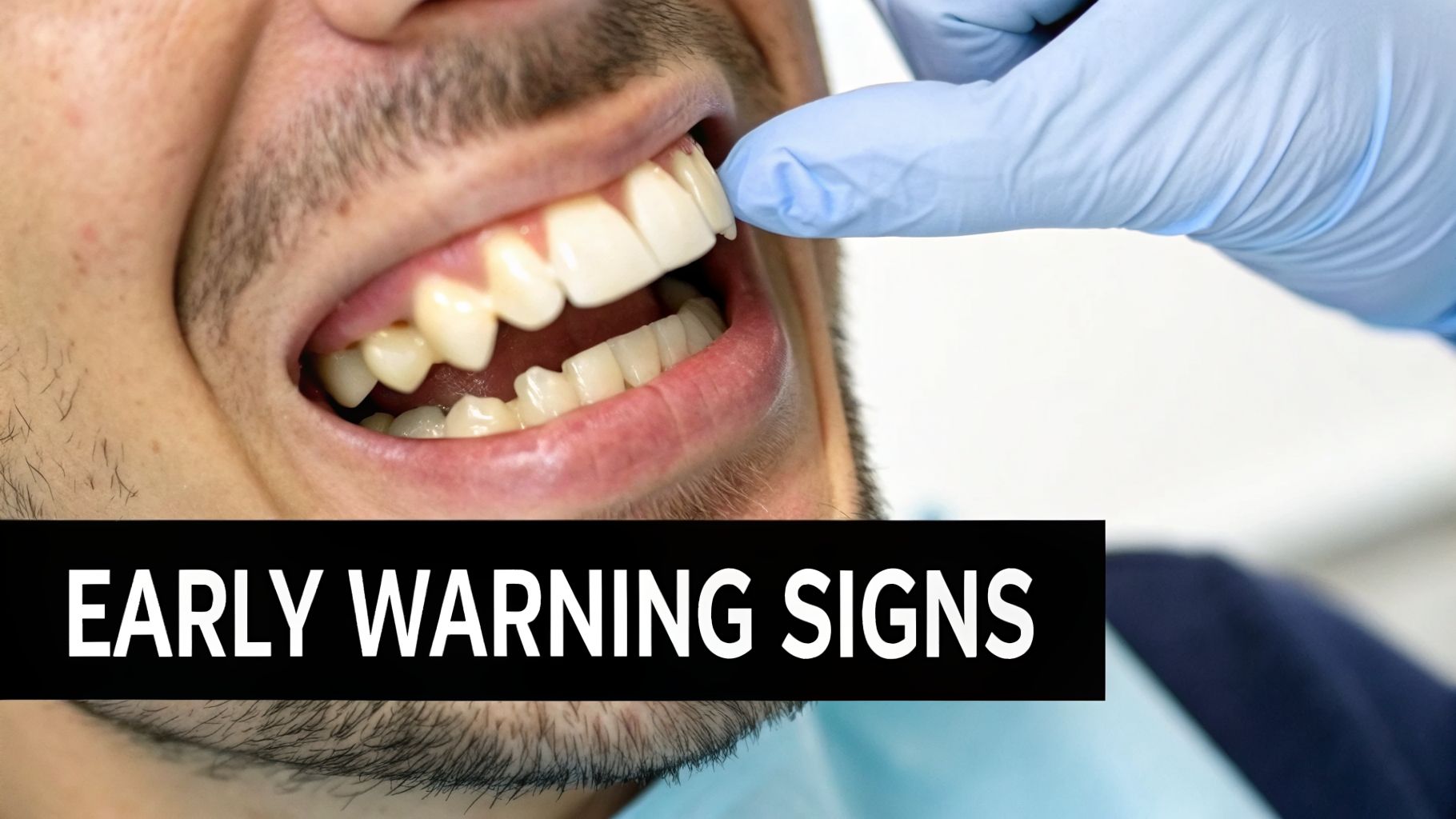 Seven Oaks - Dentistry & Sleep Medicine | Dentist Near Me in Wesley Chapel, FL: Your Guide to a Lasting Smile with Dental Implants A dentist's gloved hand examining a patient's front teeth, with 'EARLY WARNING SIGNS' text overlay.