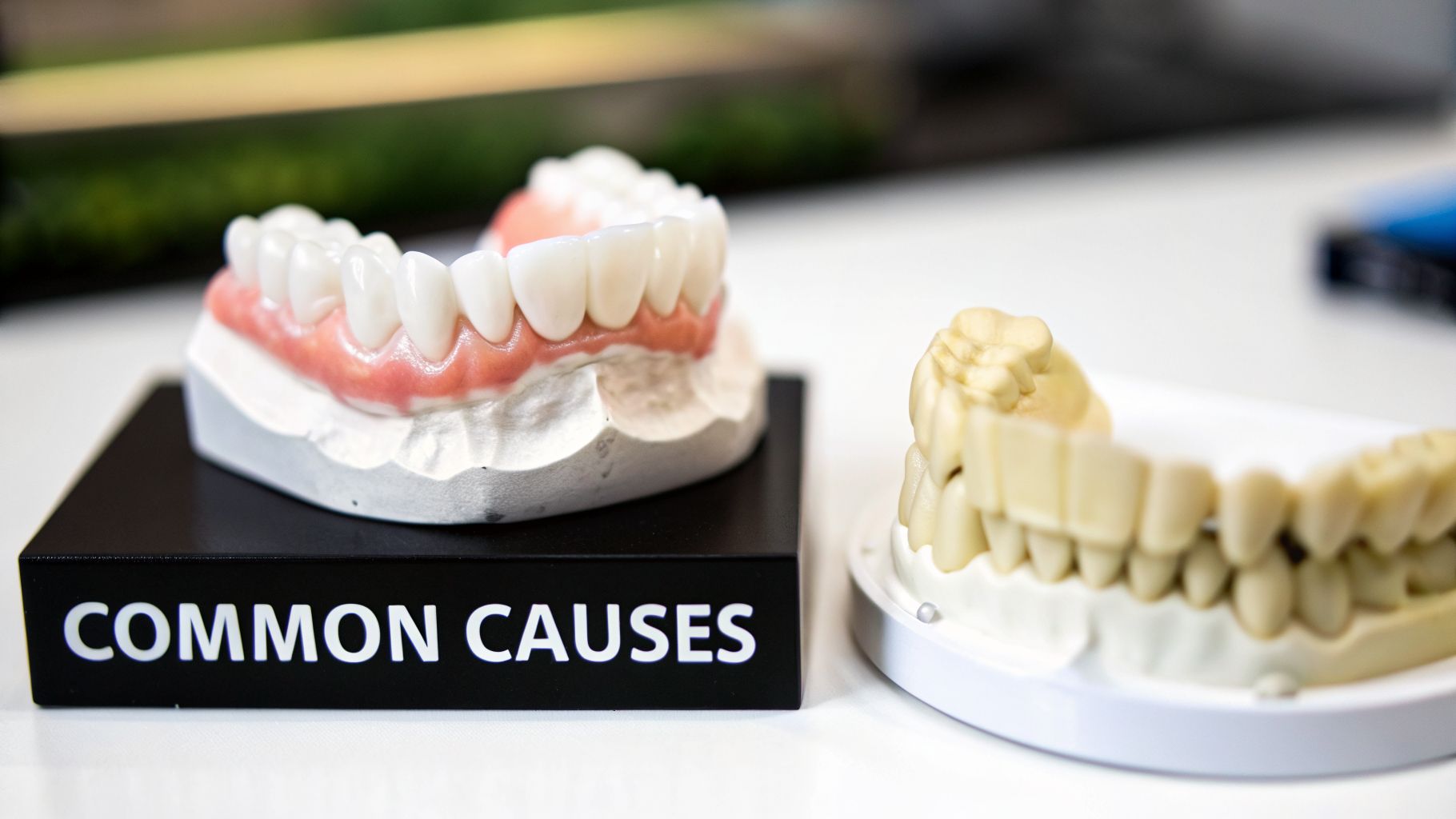 Dental models of teeth and gums, one on a black stand labeled 'COMMON CAUSES'.