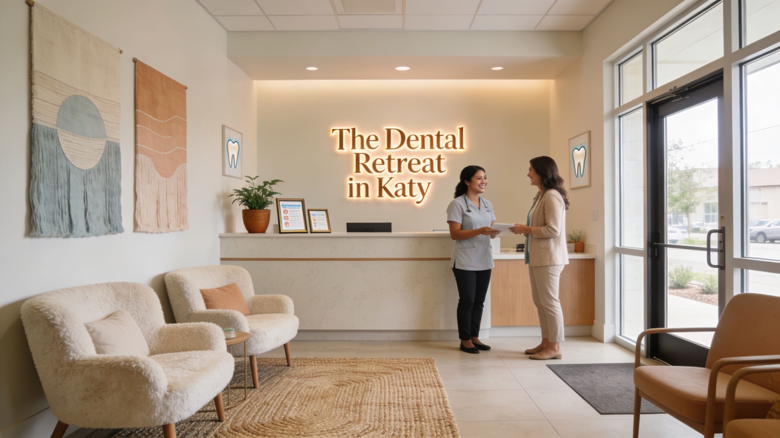 A friendly staff member greets a patient in the bright, modern reception area of a dental office.