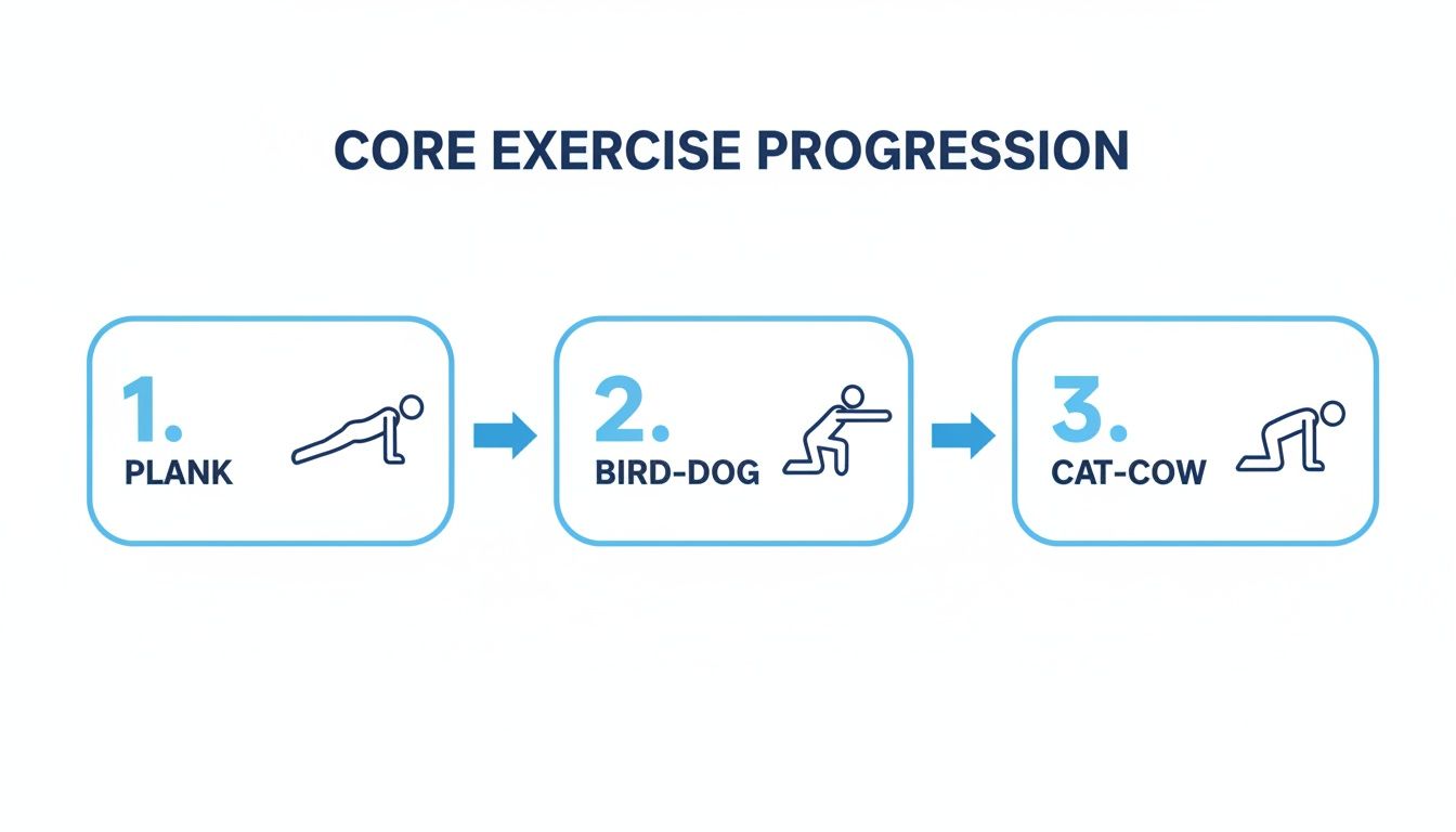 A visual guide illustrating a core exercise progression: plank, bird-dog, and cat-cow.