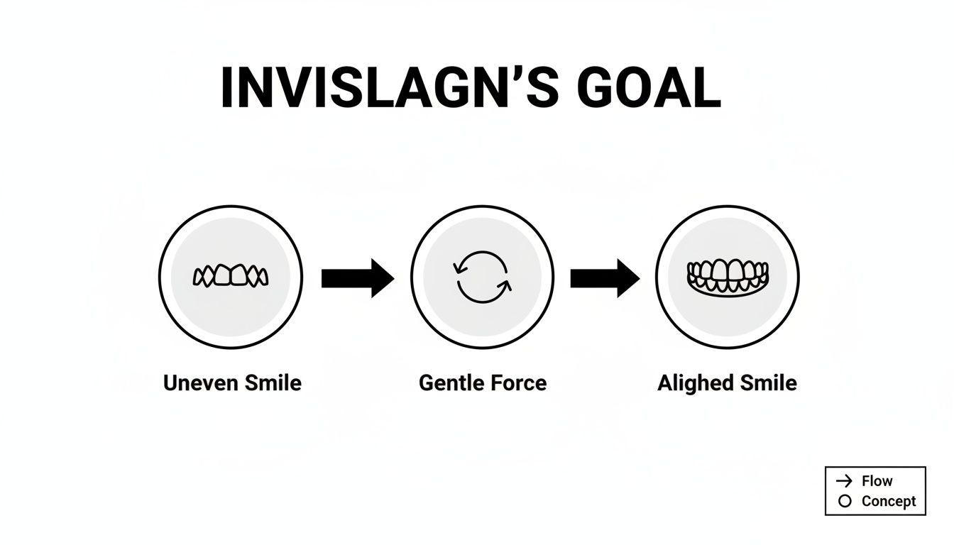 A flowchart showing Invisalign's goal: transforming an uneven smile into an aligned smile through gentle force.