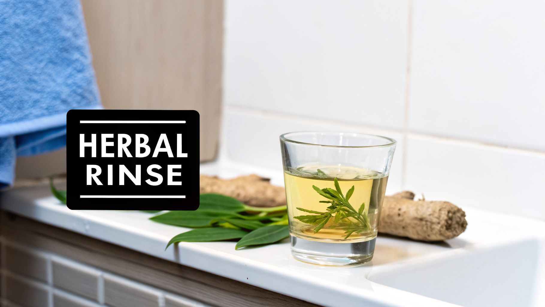 A glass of herbal rinse with fresh rosemary, ginger, and leaves on a white counter.