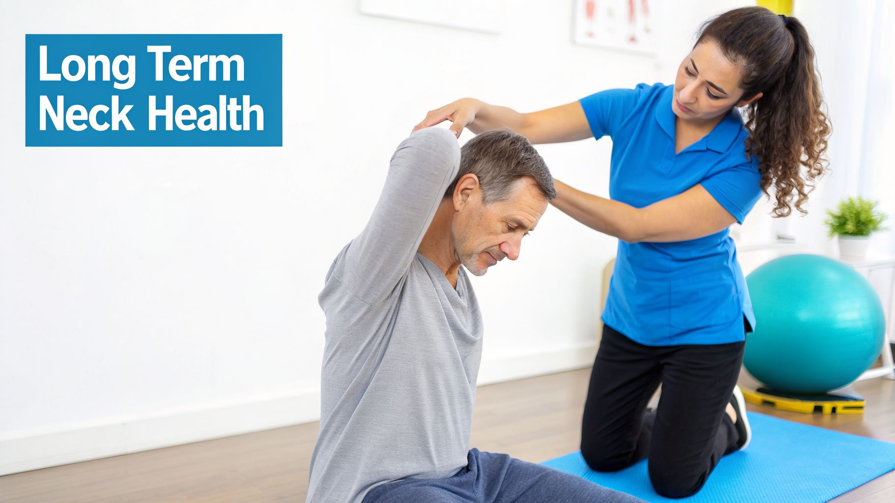 A physical therapist helps an older man perform a neck stretching exercise for long-term neck health.
