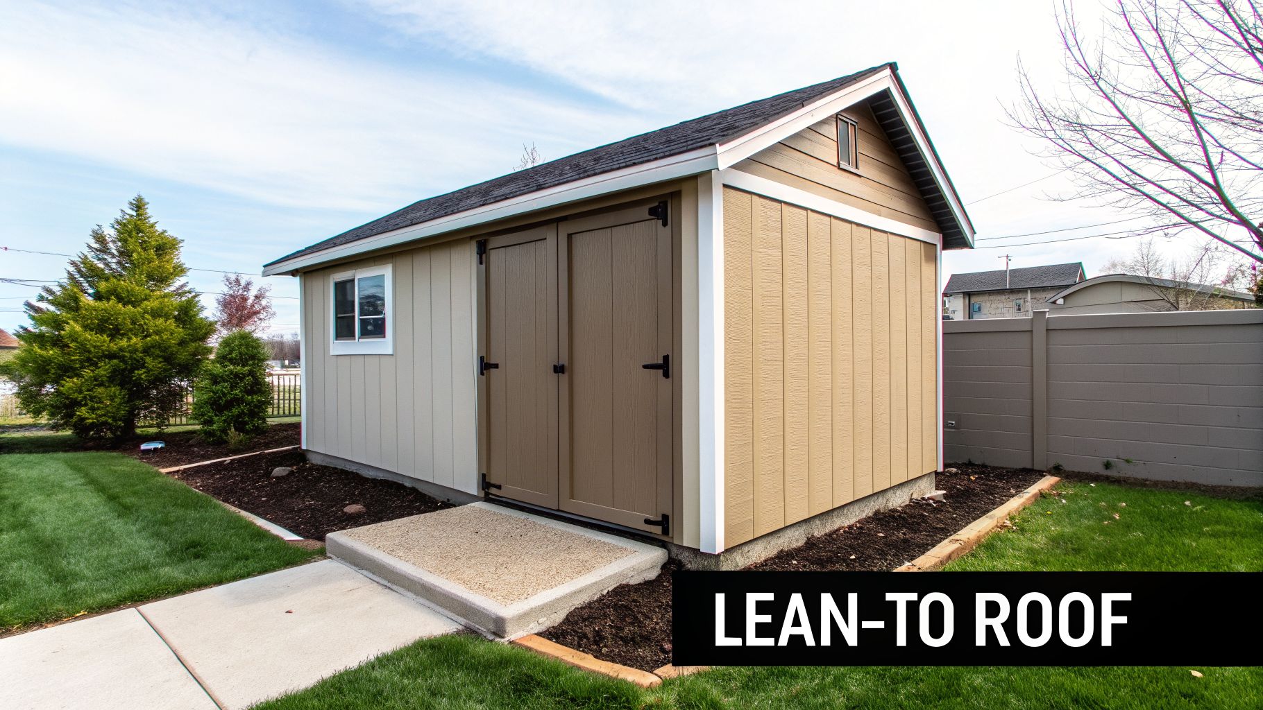 A light-colored backyard shed with a gable roof, double doors, and a window, surrounded by green grass.