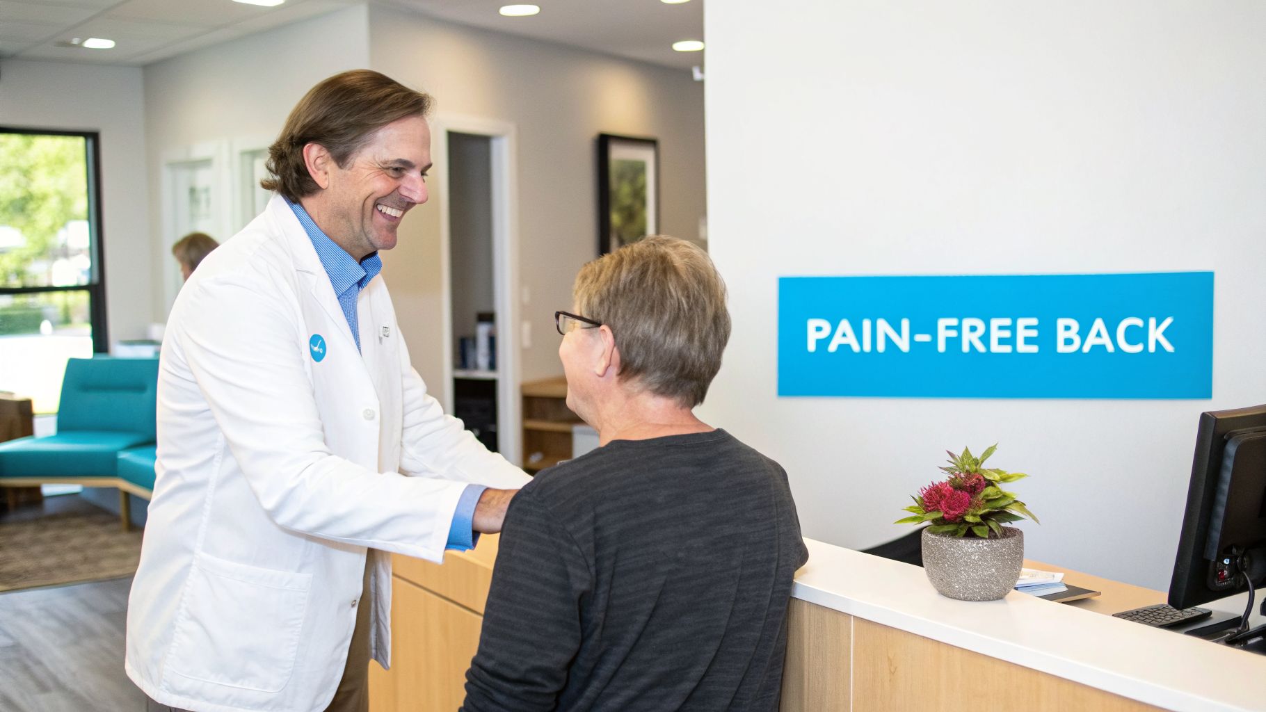 A smiling doctor in a white coat talks to a patient at a reception desk in a back clinic.